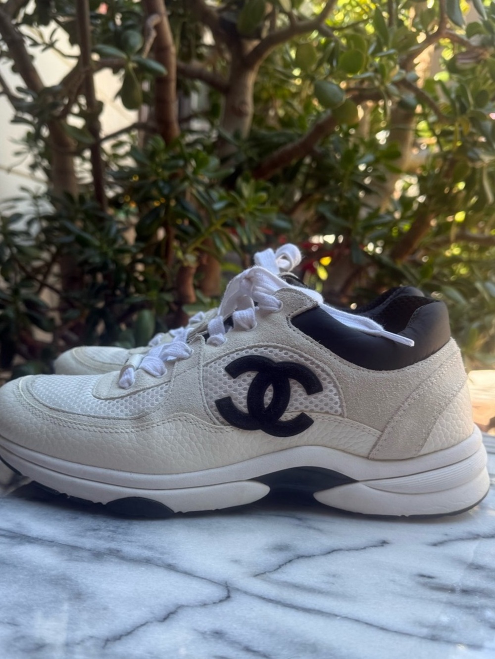 White/Cream/Black Chanel CC Logo Low Top Sneaker Mesh, Suede Calfskin
